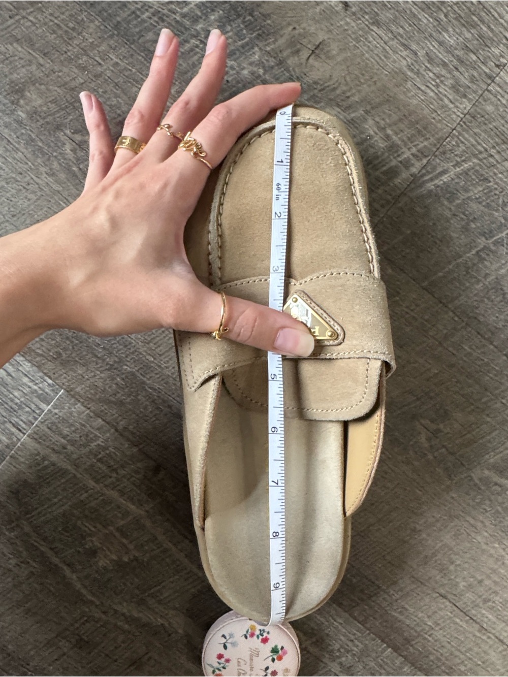 Prada Taupe Suede Slip-On Loafer Mule with Gold Triangle Logo - Picture 5 of 6